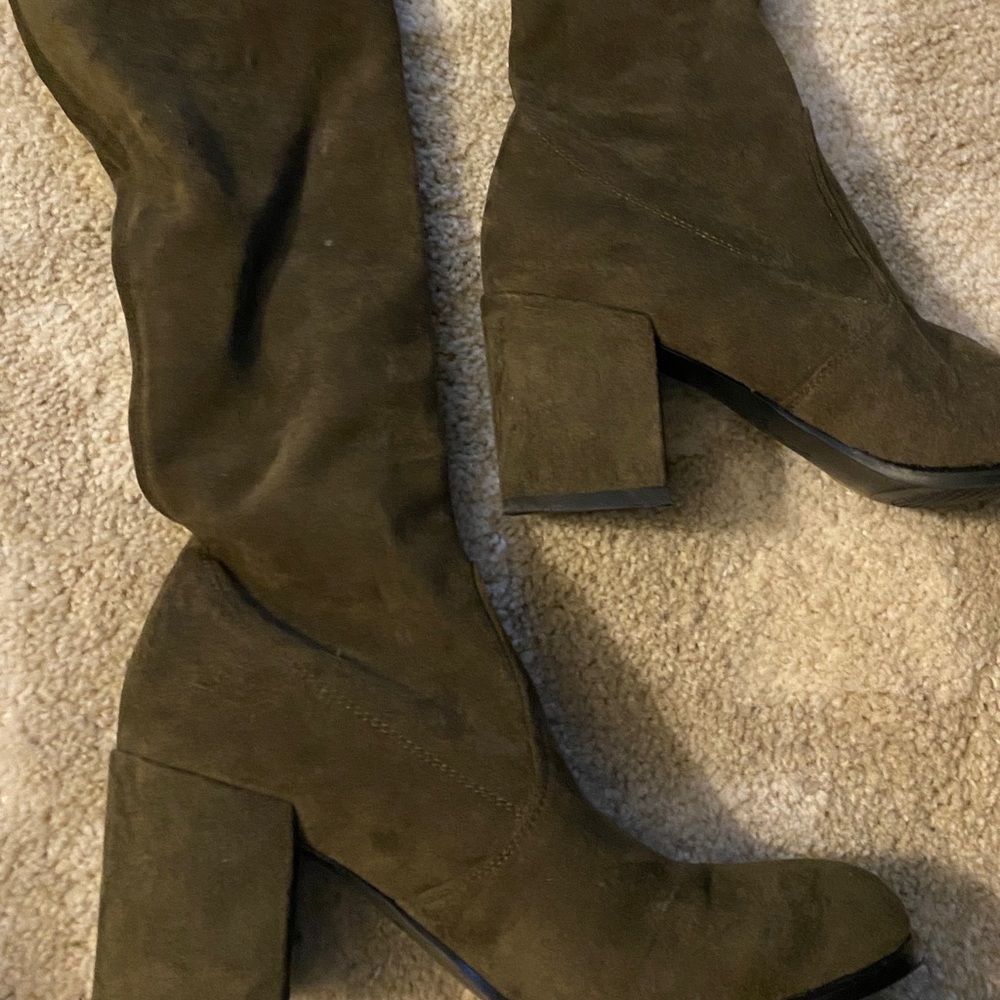 Kaitlyn Pan thigh high boots olive green faux suede